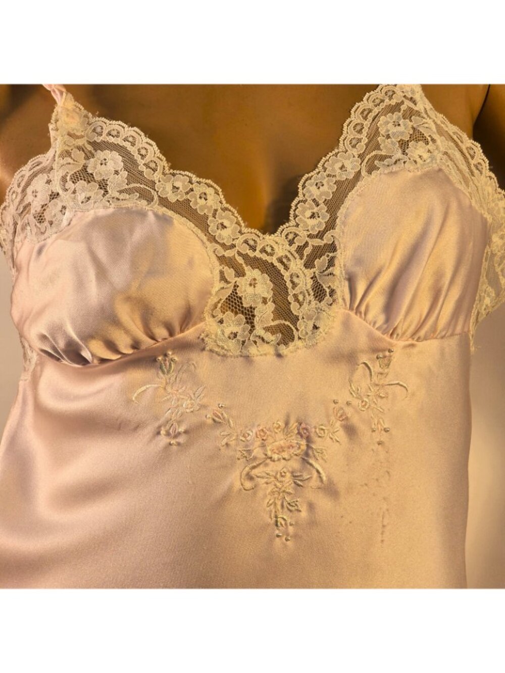 Vintage Chemise Nightgown Slip Blush Pink Satin Floral Lace Trim Womens Sz Small - Picture 2 of 12